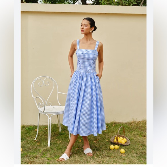 Commense Dresses & Skirts - Commense Blue Gingham Midi Maxi Dress Lace-Up Checkerboard Corset Dress Medium